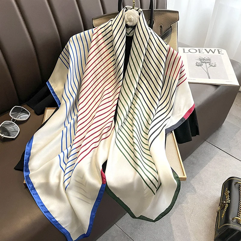 Корейский минималистичный весенне-осенний стиль, тонкий шарф в полоску из искусственного шелка, шаль, 110 квадратных шарфов, универсальный
