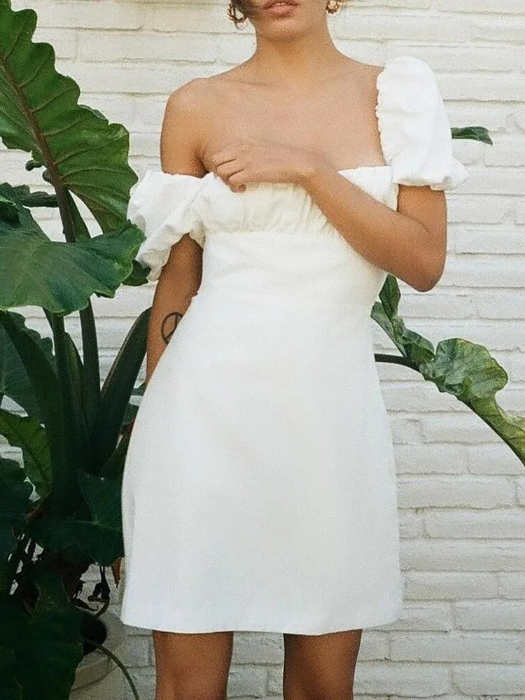 Летнее Белое платье на бретелях, Женская Короткая юбка на шнуровке с пышными рукавами Сзади 2023, Сексуальная Модная Однотонная хлопковая женская одежда