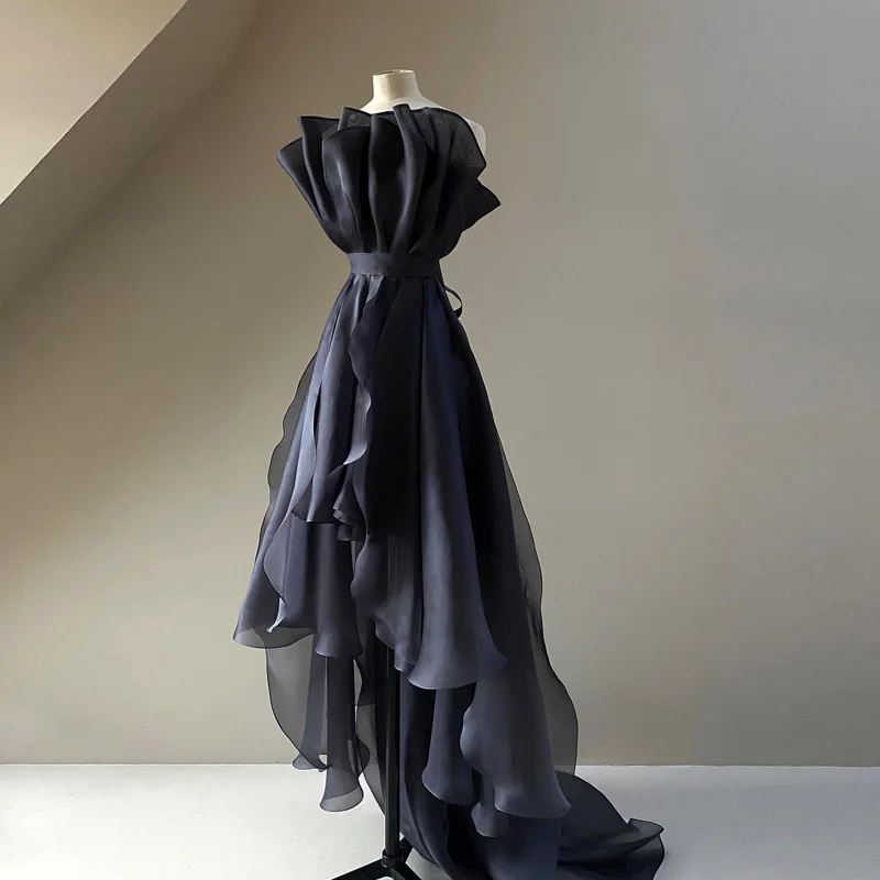 Дизайнерские темно-синие шифоновые платья Hi Low, Женское длинное платье трапециевидной формы с оборками, сексуальные вечерние платья Illusion Celebrite, сшитые на заказ
